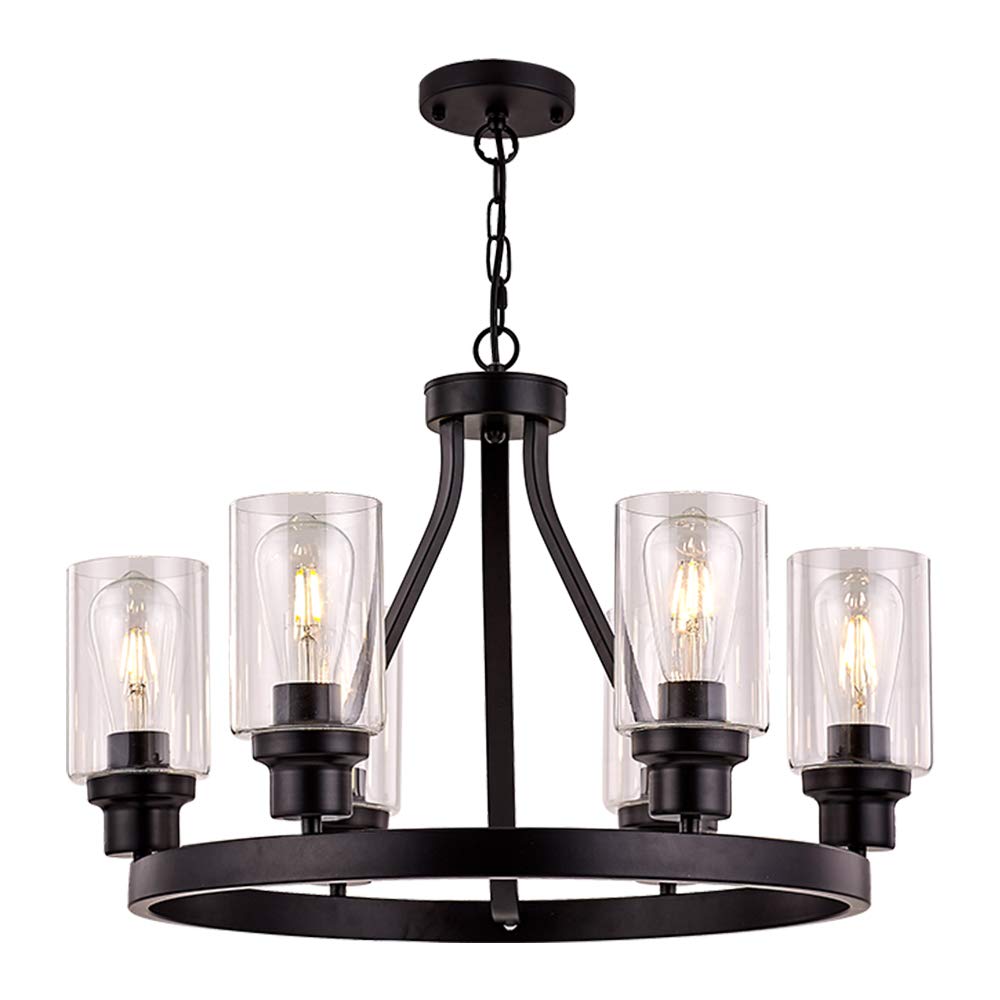 Sivilynus Farmhouse Chandelier Lighting Round 6 Lights Black with Glass Shade Ceiling Hanging Vintage Rustic Light Fixture for D