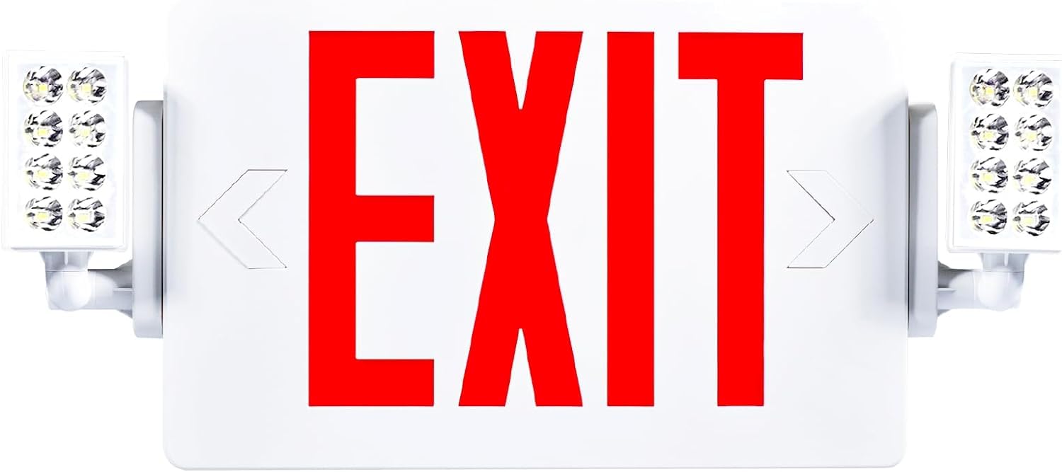 Sunco Red Exit Signs With Emergency Lights, Two Adjustable LED Lights, 94V-0 Fire Resistant, Backup Battery, 120-277V, Wall Or C
