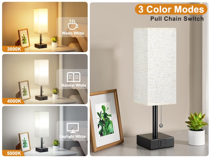 Aooshine Bedside Table Lamp with 3 Brightness Levels, 15.5 In, Beige Fabric Shade, USB C+A Ports, LED Bulb Included