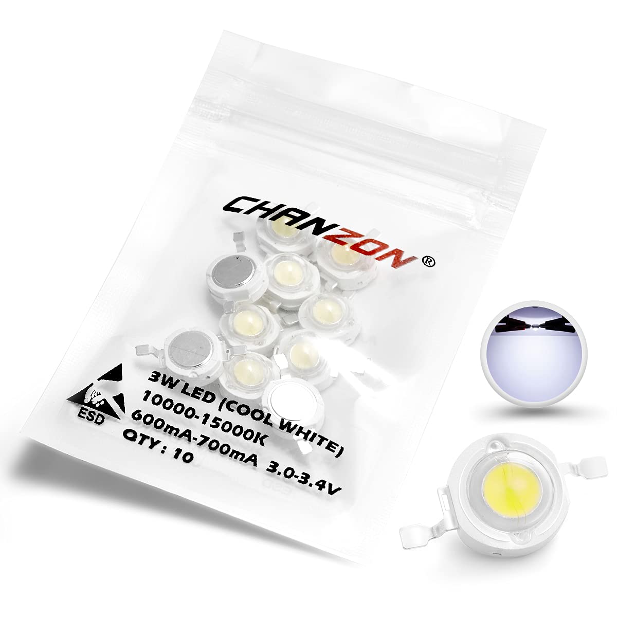 Chanzon 10 Pcs High Power Led Chip 3W Cool White (10000K - 15000K / 600Ma - 700Ma / Dc 3V - 3.4V / 3 Watt) Super Bright Intensit