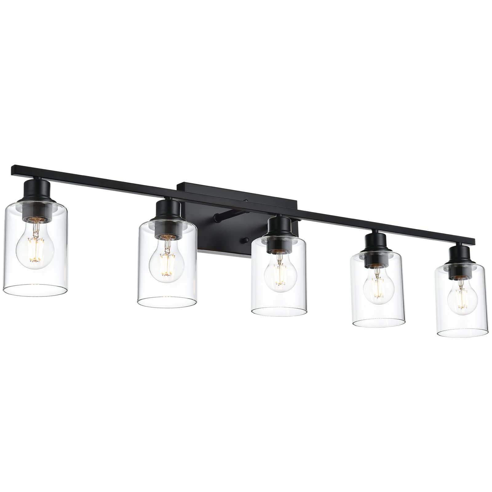 VINLUZ Bathroom Lighting Fixtures, 5-Light Matte Black Farmhouse Vanity Wall Mount Light, Glass, for Porch or Workshop