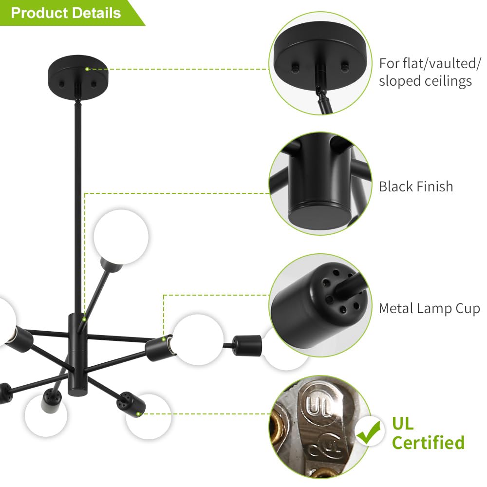 Deyidn Sputnik Chandelier, Black Modern Industrial Chandeliers 8-Light, Mid Century Ceiling Lighting Fixture For Living Room, Ki
