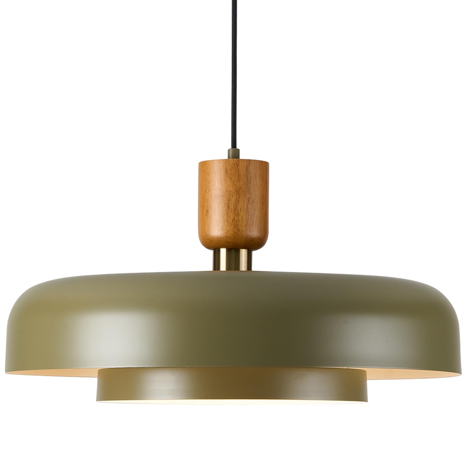Mid Century Chandelier 19.68 inch, Natural Wood and Brass Accent,2 Layered Deep Green Shade,Large Pendant Ceiling Lights for Kit