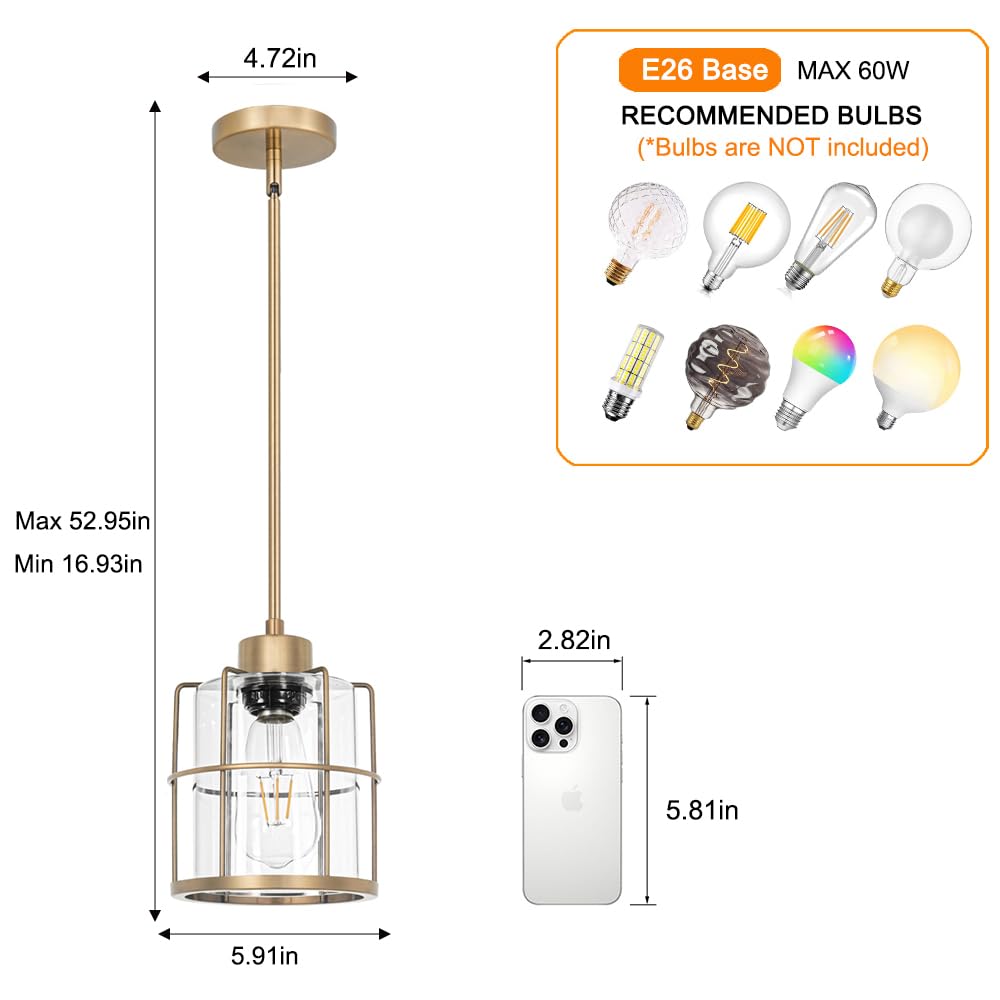 Modern Brass Pendant Light Kitchen Island Set Of 2  Farmhouse Gold Pendant Light With Clear Cylinder Glass  Adjustable Rod Bathroom Pandand Light Over Sink  Small Hanging Lighting For Home Decor  E26