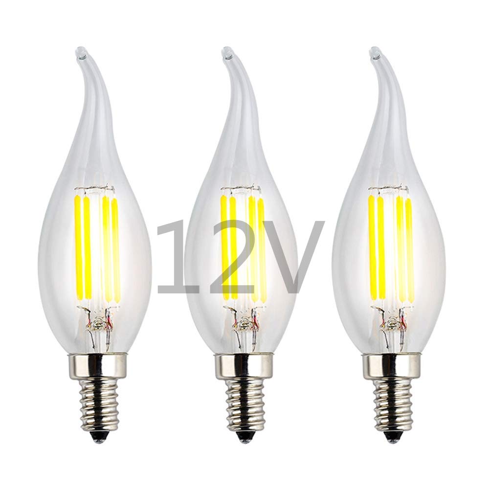 OPALRAY 12V-24V DC LED Candle Bulb, 4W 400Lm, 6000K Cool White, Dimmable, Clear Glass Flame Tip, 3