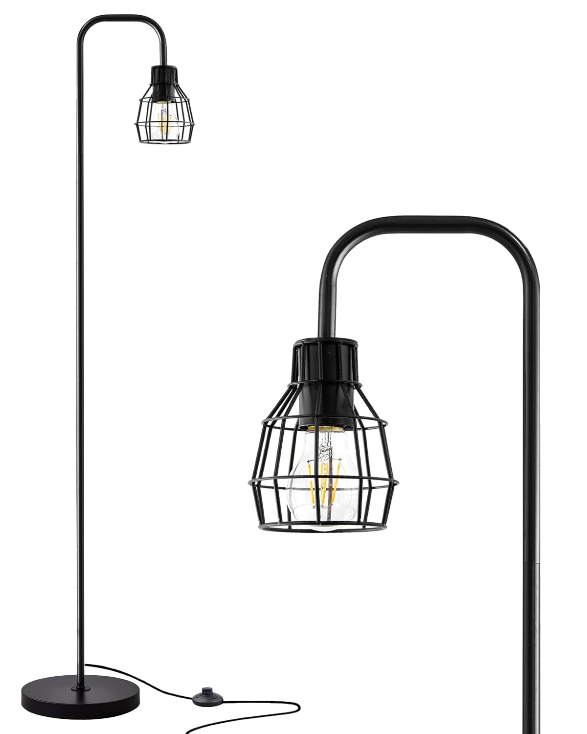 Oneach Industrial Floor Lamp with Footswitch, 63.75in Tall Metal Light, Black w/ Metal Guard, Model AMZ-F1148BK, LED Bulb Included