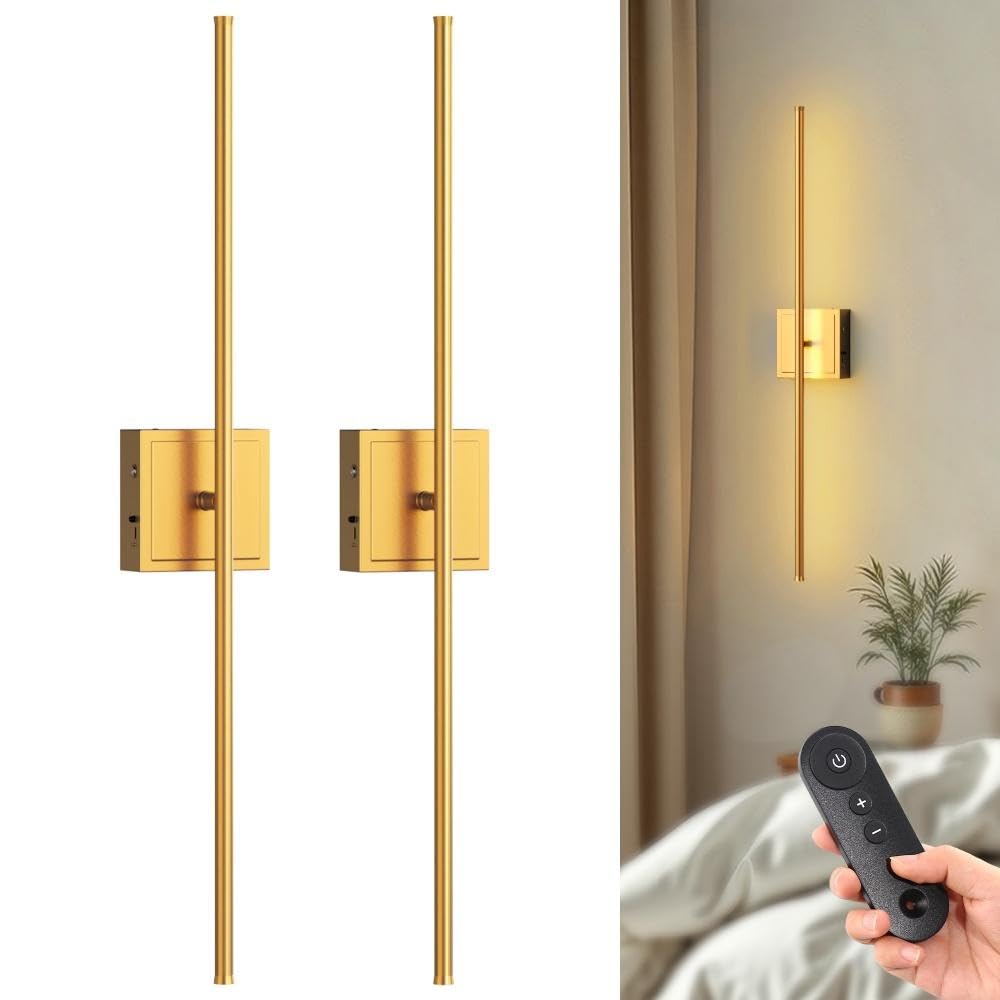 DORESshop Battery Operated Wall Sconces Set of 2, Dimmable, Gold, 31.6 Inch, Remote Control, Model SF20250921B0DNZJ2