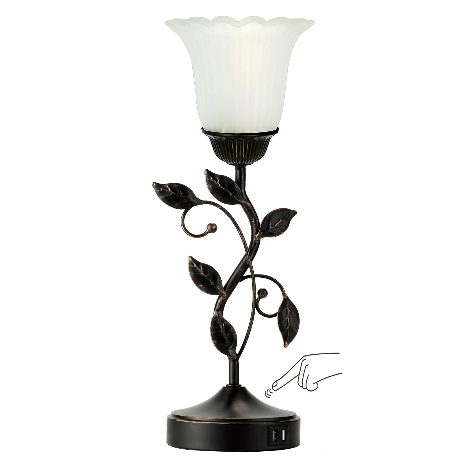 RORIANO Touch Control Bedside Lamp, 3-Way Dimmable, Metal Leaf Design, Black & White Glass Shade, LED Bulb Included, Model LM-L08841-TT