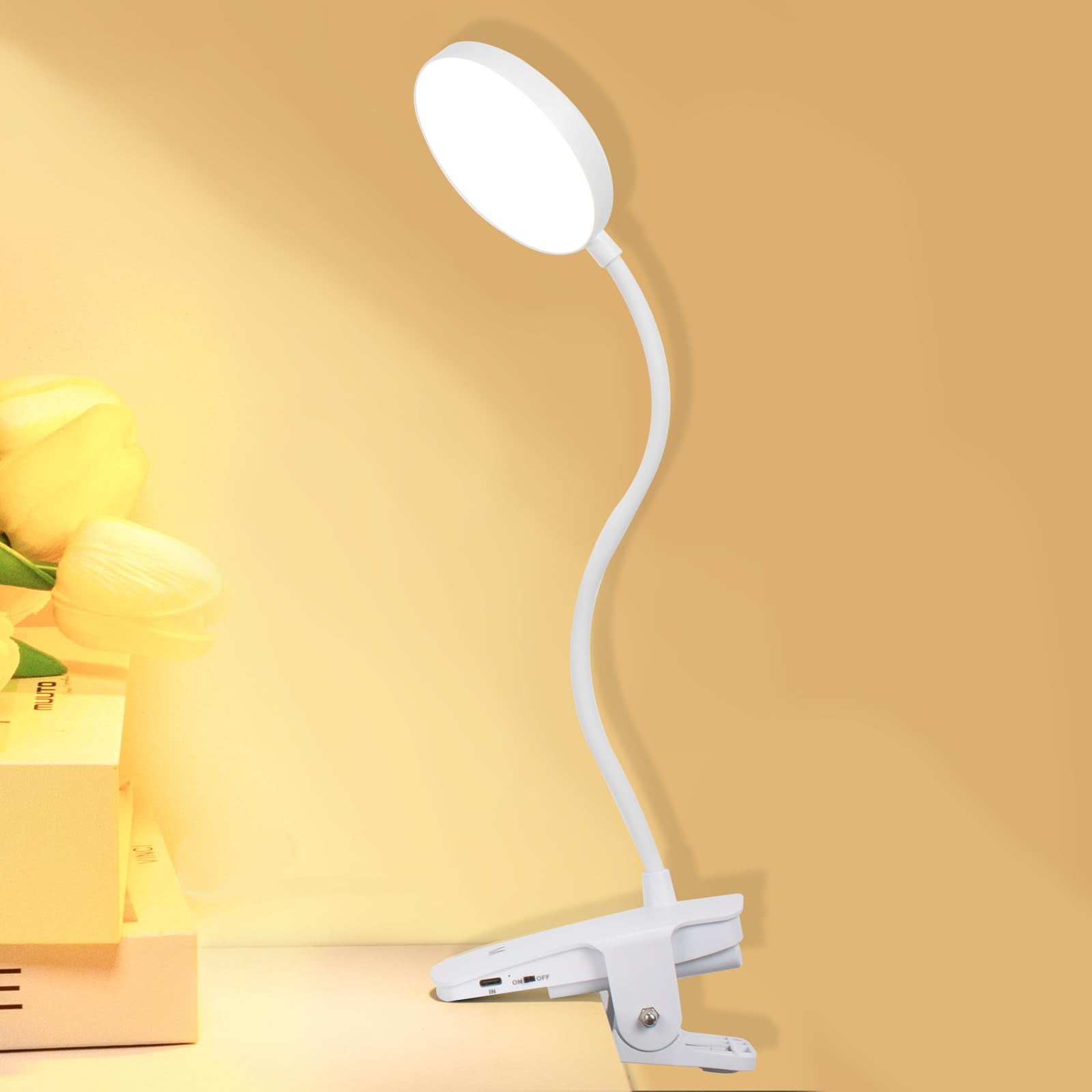 Cordless Clip on Desk Lamp with Clamp, 30 Lighting Modes (6 Colors x 5 Dimming Levels) Eye-Protect 450 Lumen, 360 Flexible Goose