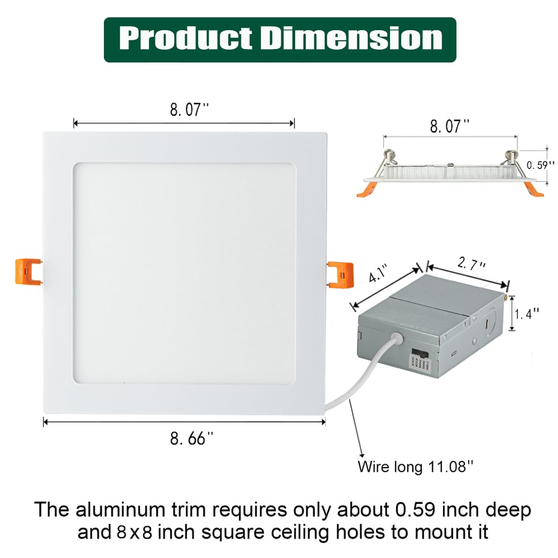 Qibang 4 Pack 8 Inch Square Led Recessed Lights Dimmable With Junction Box,3Cct 3000K-4000K-6000K Selectable,1600Lm Cri90+ 18W U