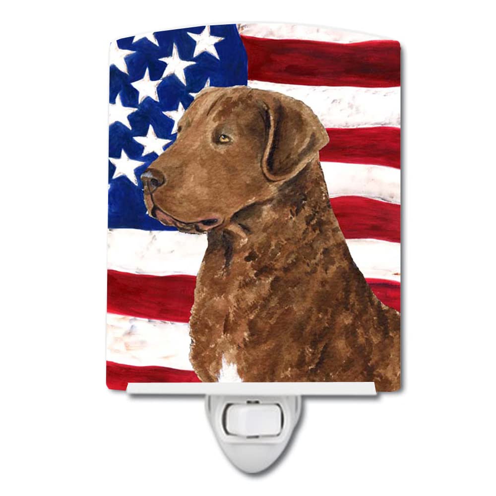 Carolines Treasures Ceramic Night Light, USA Flag, Curly Coated Retriever, UL-Certified, 6x4x3in, Multicolor, Model SS4016CNL