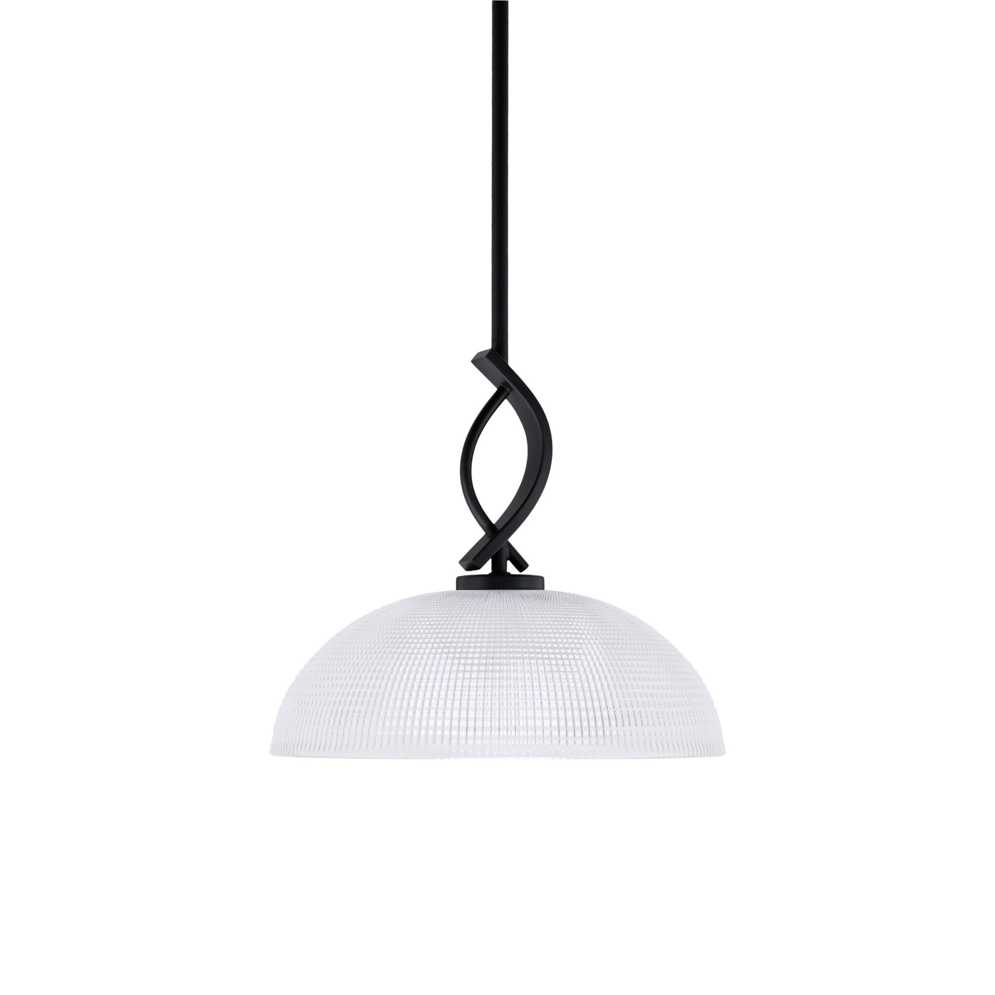 Cavella 1 Light Stem Mini Pendant Shown in Matte Black Finish with 13&quot; Clear Ribbed Glass