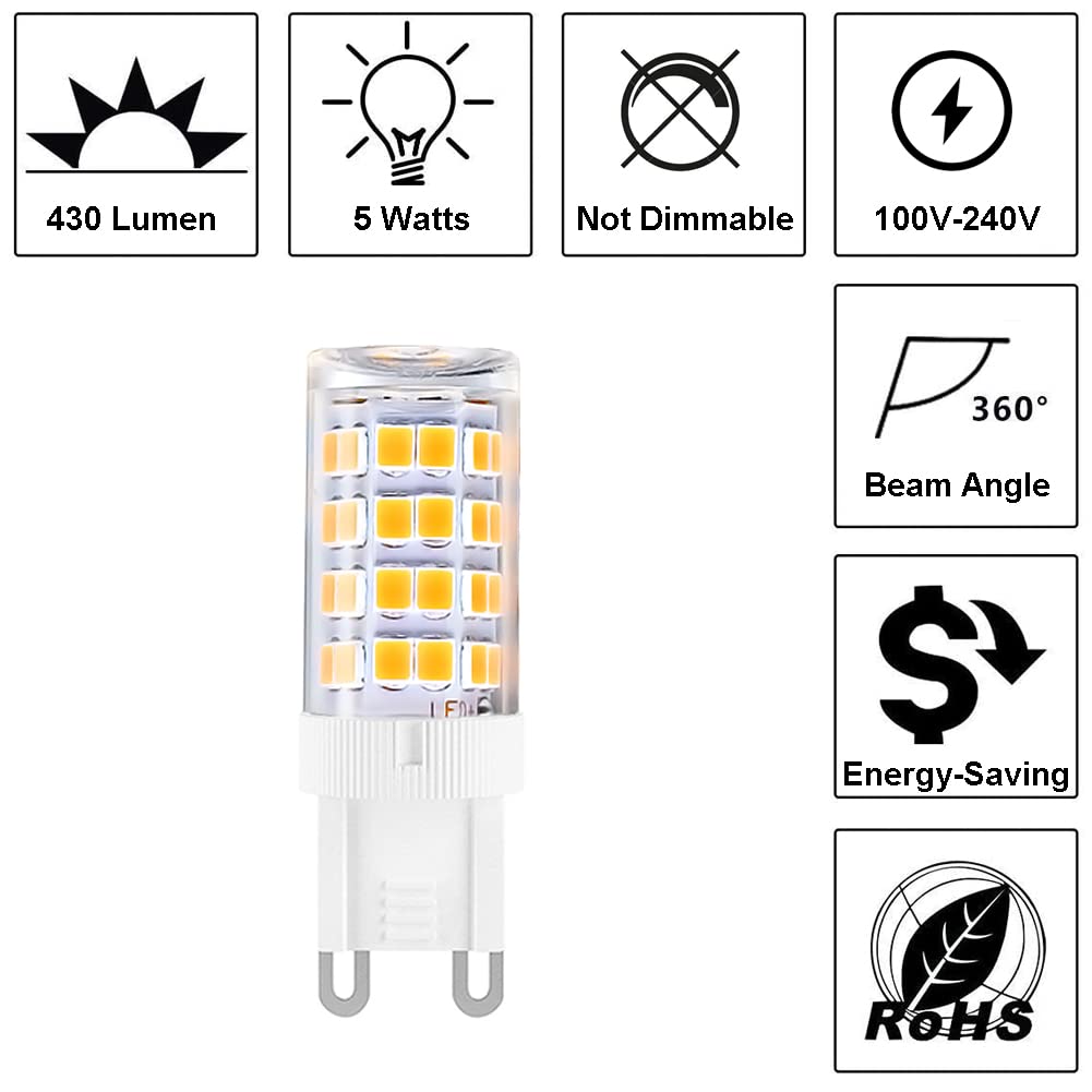 Yosenmi G9 LED Light Bulbs, 5W Non-Dimmable, 3000K Warm White, 430LM, 12-Pack, Ceramic Base