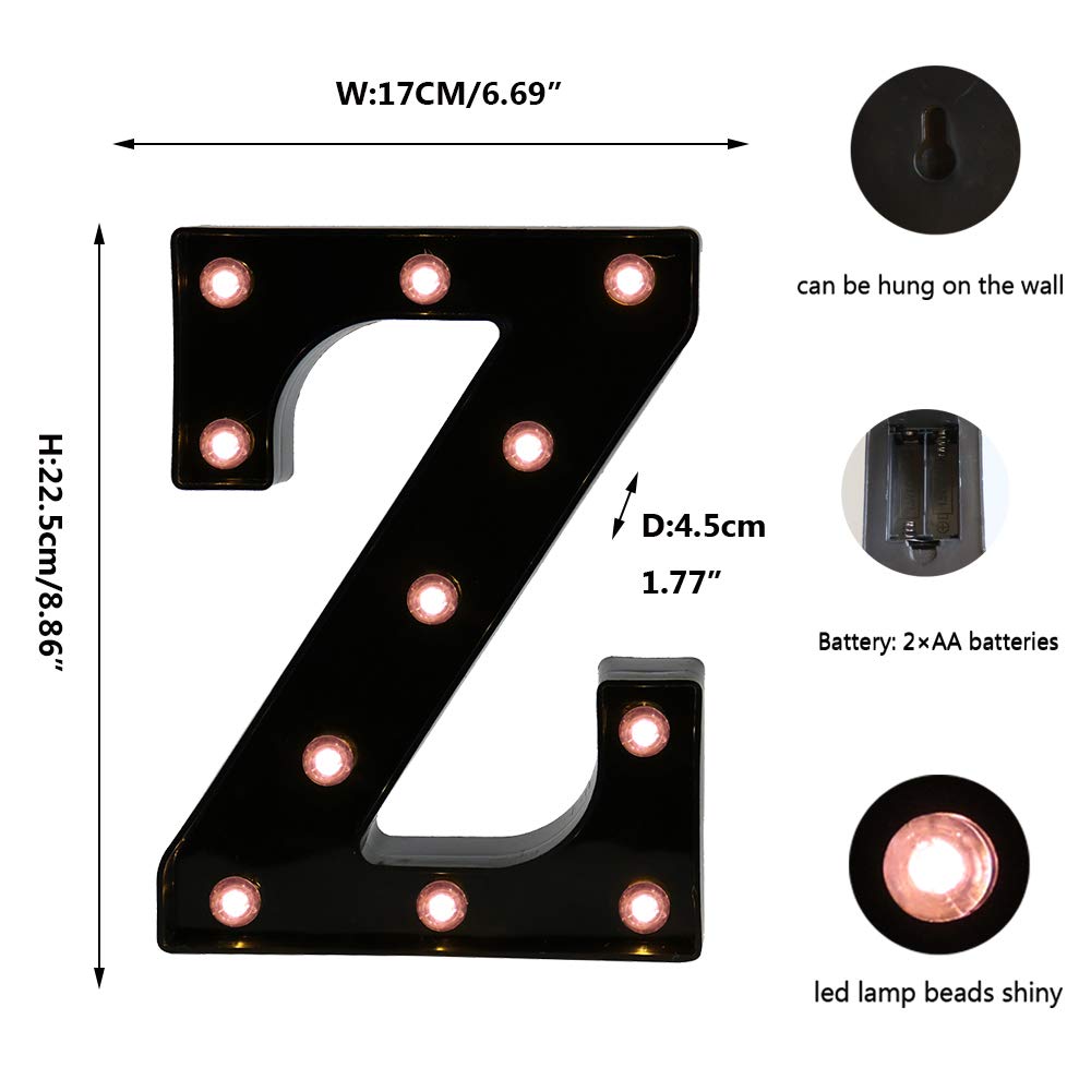 OYCBUZO Light Up Black Alphabet Marquee Letter Z - LED Plastic Sign for Home Bar, Birthday Party, Wedding Decoration, Model MDLP-BL-23