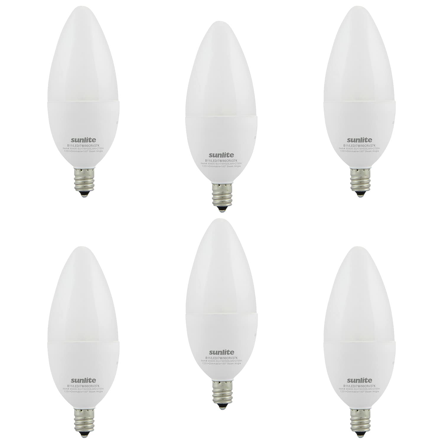 Sunlite LED B13 Chandelier Light Bulb, 7W (60W Equivalent), 500 Lumens, Dimmable, E12 Base, 2700K Soft White, 6