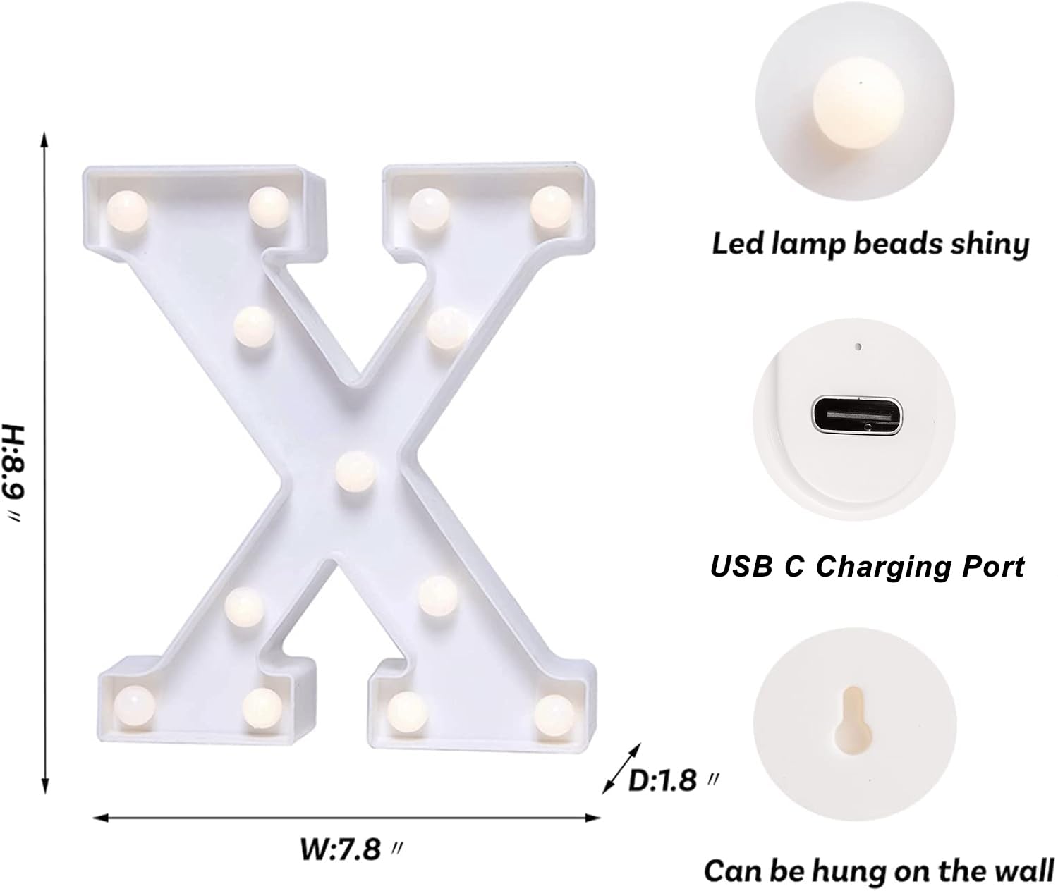 Foaky Rechargeable LED Letter Lights Sign, Warm Plastic, Model Recharge-ABS, Size X, Marquee Night Light for Parties and Home Decor