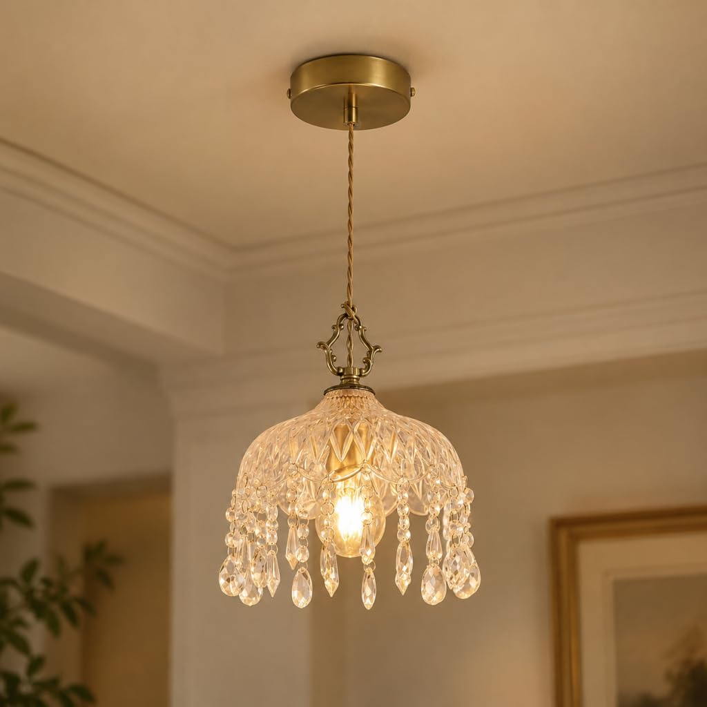 YDDUSWKFH Mini Crystal Pendant Light, Gold Brass Hanging Light with Adjustable Cord, Modern Farmhouse Glass Pendant Lighting for