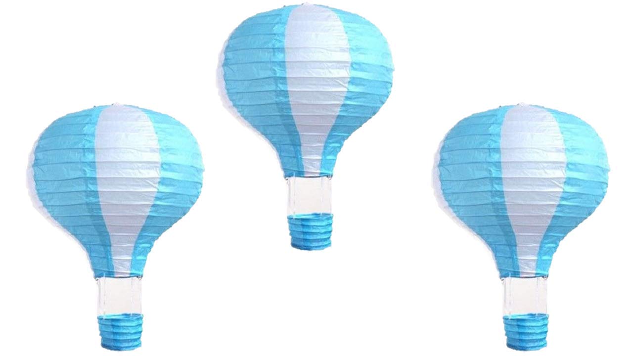 Pack Of 3 Stripy Hot Air Balloon Paper Lantern Wedding Party Decoration Craft Lamp Shade (Baby Blue, 10'' (25Cm))