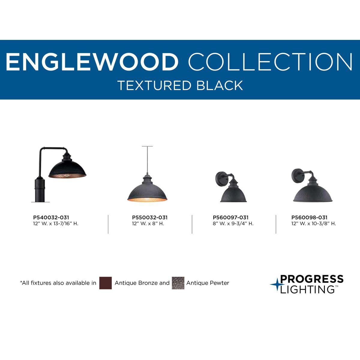 Progress Lighting Englewood 1-Light Outdoor Hanging Lantern, Textured Black, Alloy Steel, Model P550032-031