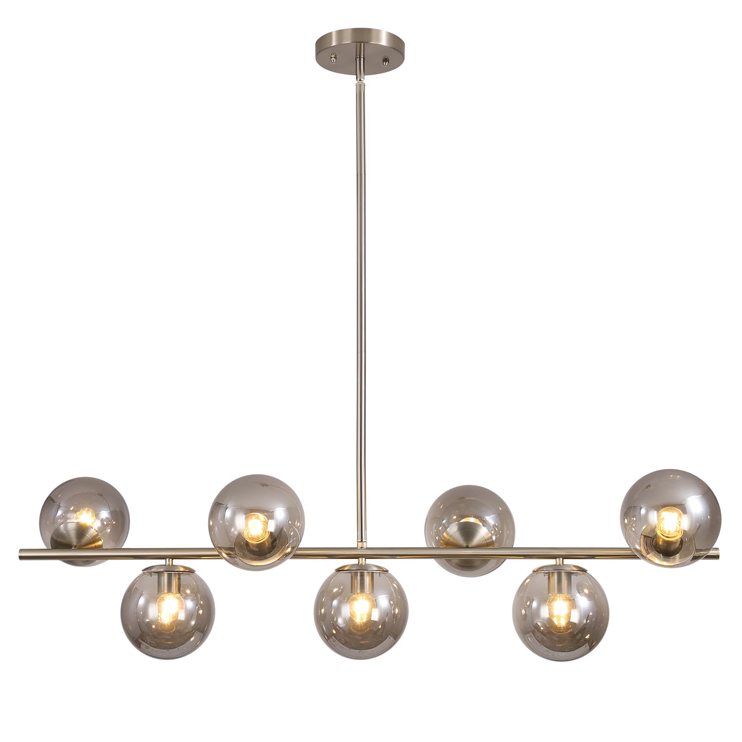 KCO Mid Century Modern 7-Light Chandelier Brushed Nickel Smoke Gray Glass Globe Adjustable Model L1043-SG