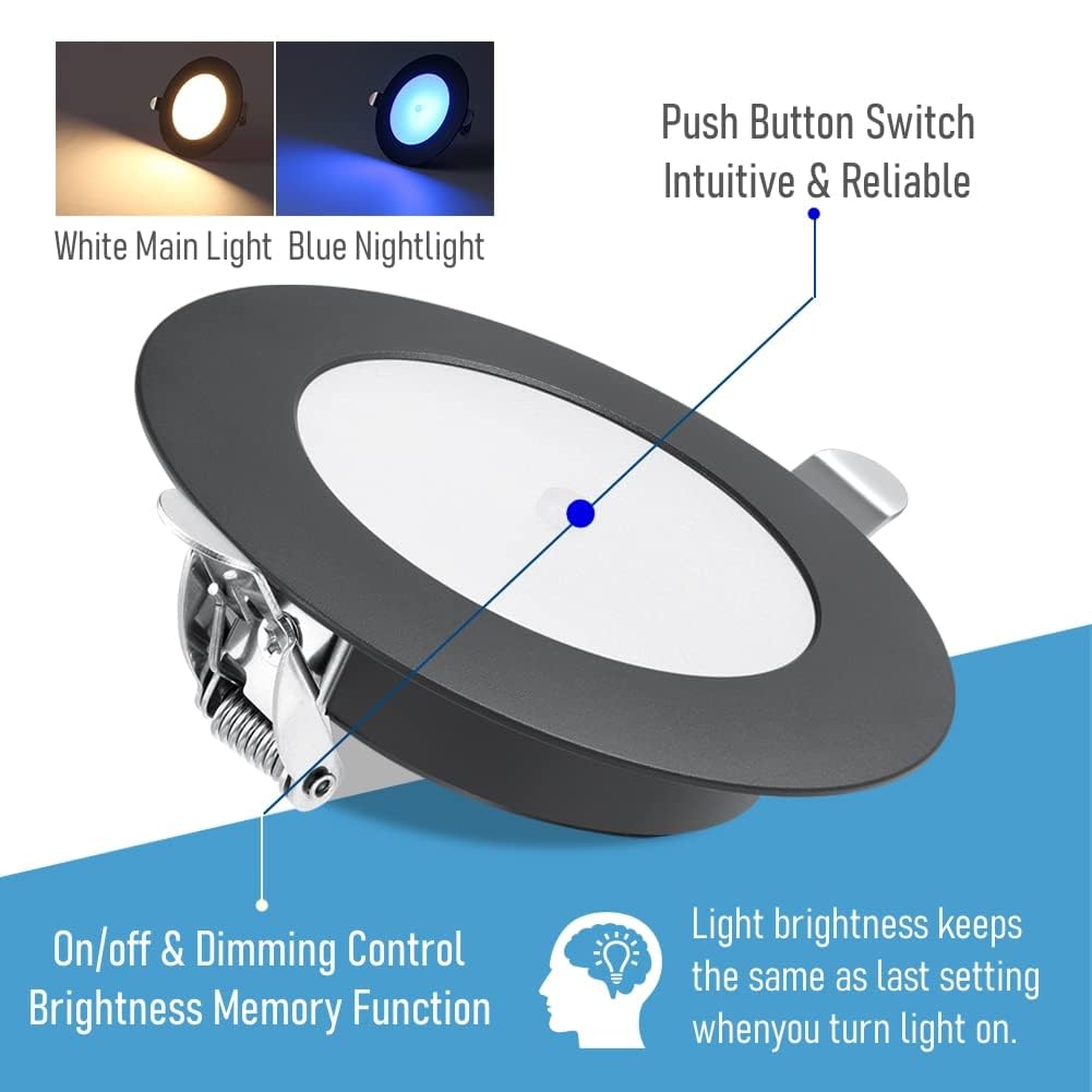 Acegoo 12V Led Puck Light Rv Boat Recessed Ceiling Light With On Off Dimming Switch 12 Volt Down Light For Camper Van Truck Trailer Interior Lighting, Flush Mount 2-Pack (Matte Black 3000K)