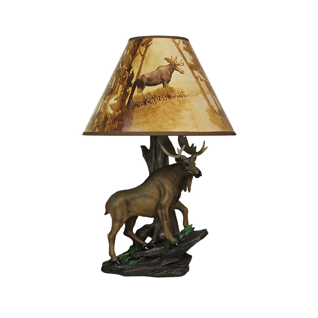Zeckos Bull Moose Table Lamp - 20 Inch Tall, Brown, Resin, 12 Inch Diameter Forest Print Shade, Model HD30105, Wildlife Decor