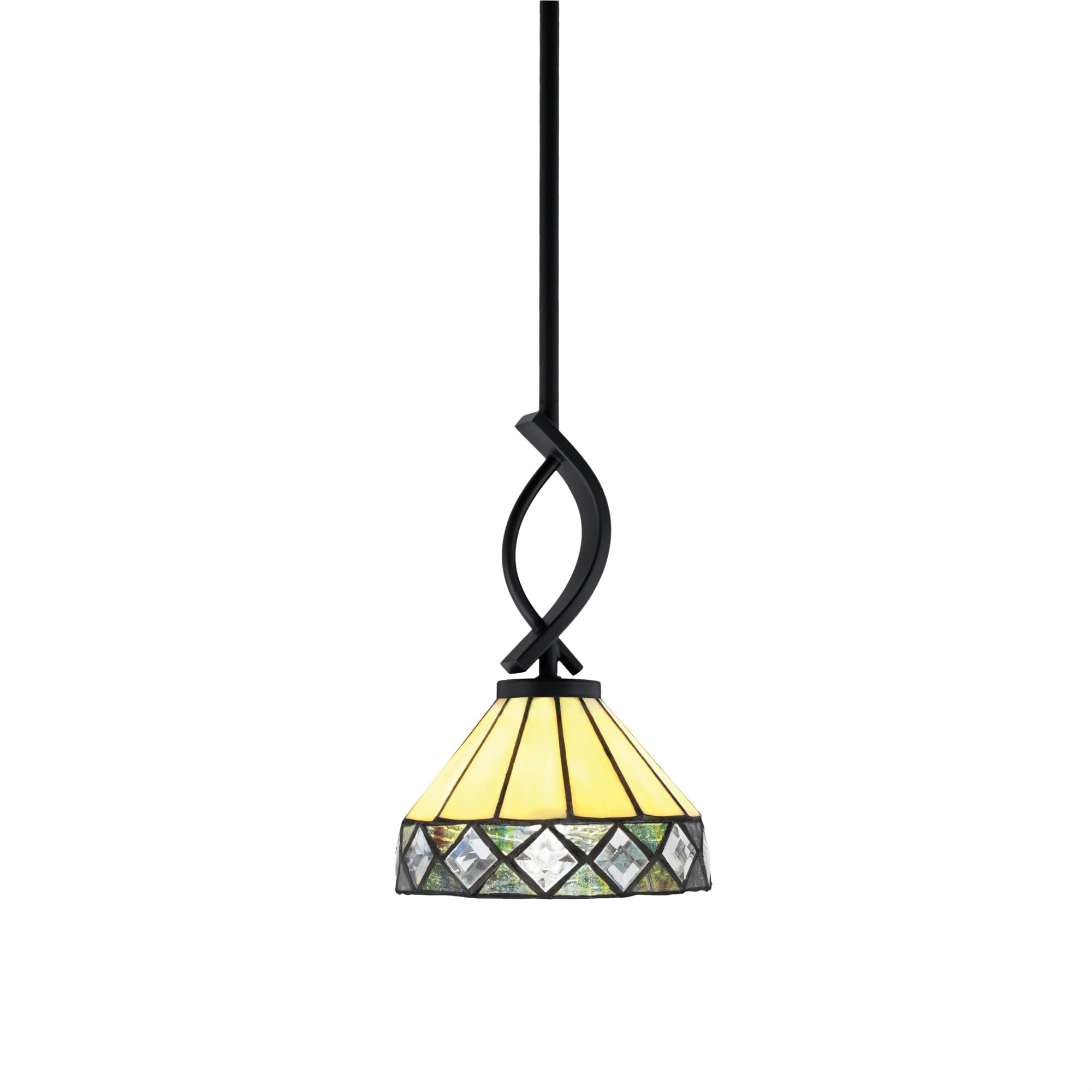 Cavella 1 Light Stem Mini Pendant Shown in Matte Black Finish with 7&quot; Diamond Peak Art Glass