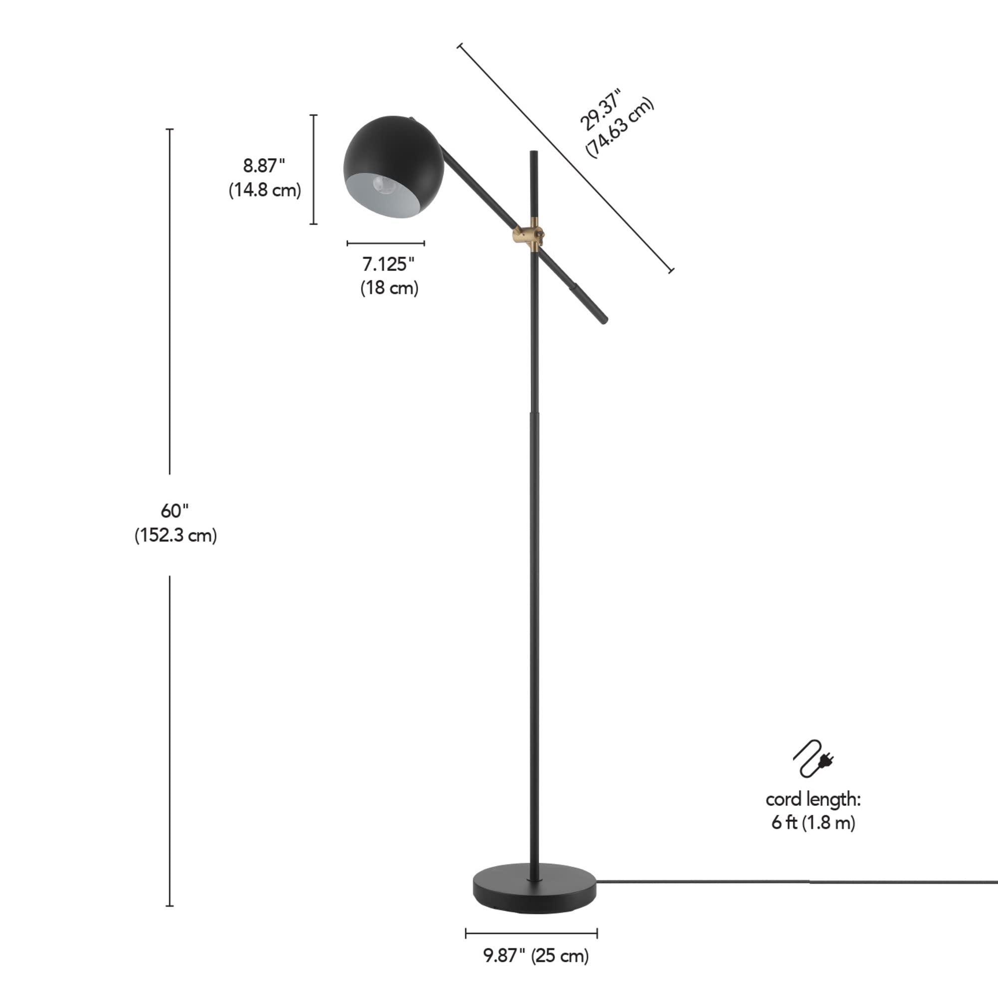 Globe Electric 65911 60'' Floor Lamp, Matte Black, Brass Pivot, Matte Black Shade, In-Line On/Off Foot Switch