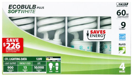 Feit Electric Soft White CFL EcoBulbs Value Pack, 13w=60w, 4 Count, Glass