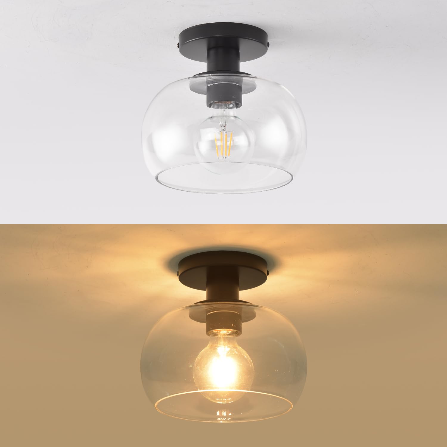 Klss Black Flush Mount Ceiling Light Fixture,Modern Farmhouse Ceiling Light Above Sink Kitchen Closet 8.7In Clear Glass Shade