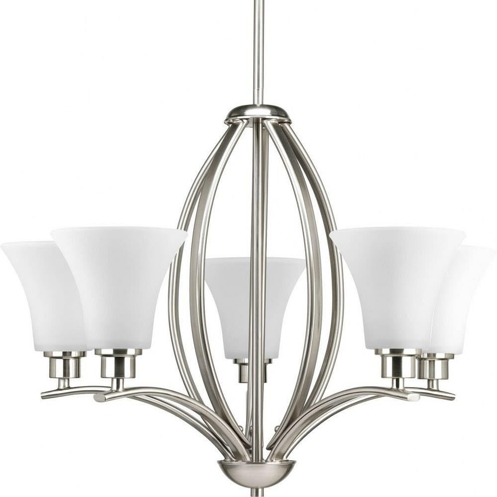 Joy Collection 5-Light Etched White Inside Glass Traditional Chandelier Light Brushed Nickel