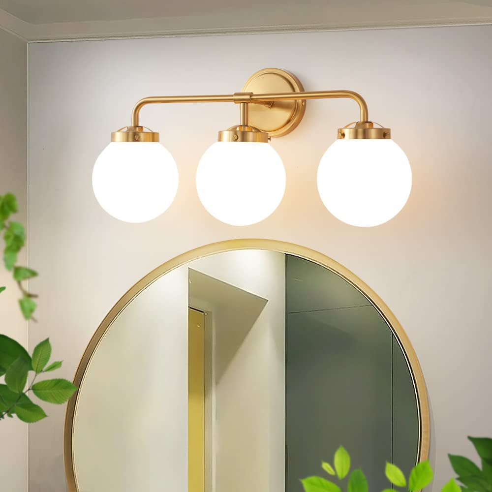 Deyidn Gold Bathroom Vanity Light Fixtures Over Mirror, Modern Brass 3 Lights Wall Sconce With Milky Glass Ball Shade, Mid Centu