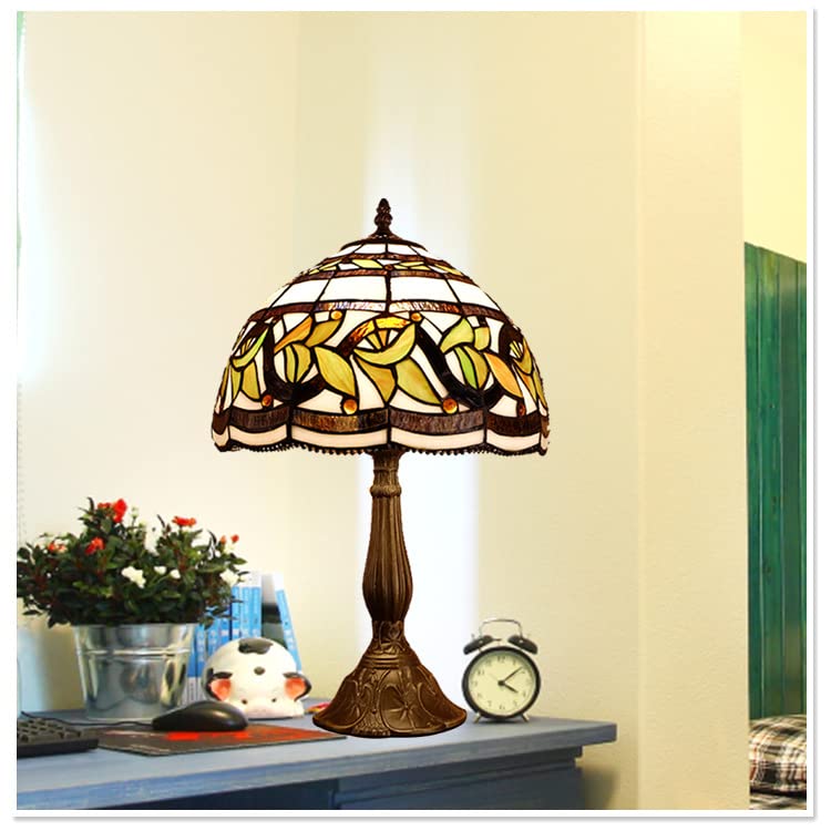 MIAOKE Stained Glass Table Lamp, Handmade Antique Light for Bedroom, Living Room, Desk, Leaf Flower Design