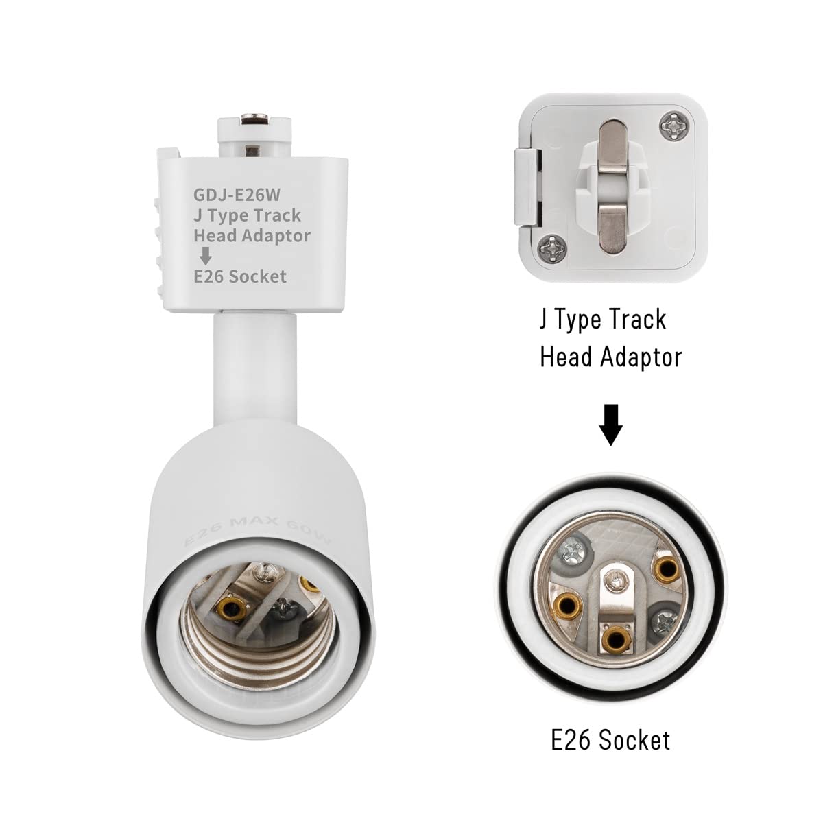 Mirrea J Type Track Lighting Head To E26 Medium Screw Base Adapter Light Direction Adjustable Pack Of 3 (White)