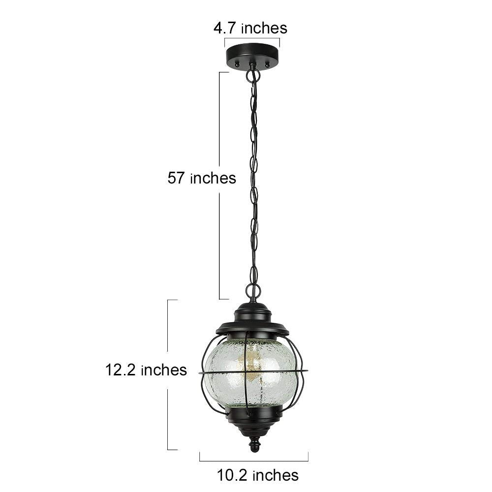 LALUZ Outdoor Pendant Light, 1-Light Black Metal Fixture with Clear Bubbled Glass Globe, Farmhouse Design for Porch, Gazebo, Patio