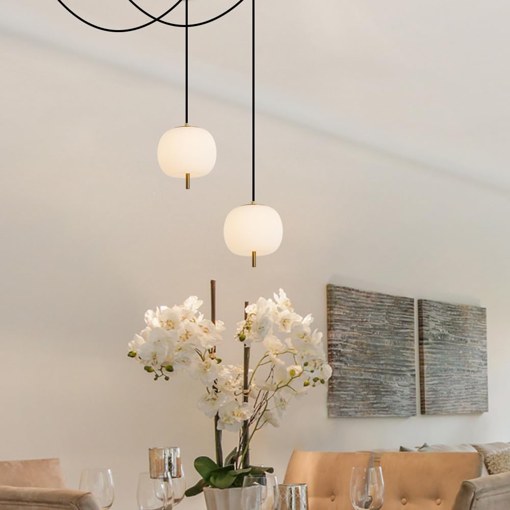 Jc Topa Mid Century Modern Pendant Light Fixture, Milk Glass 7    Globe Hanging Light With Dimmable Switch And Plug In For Kitch