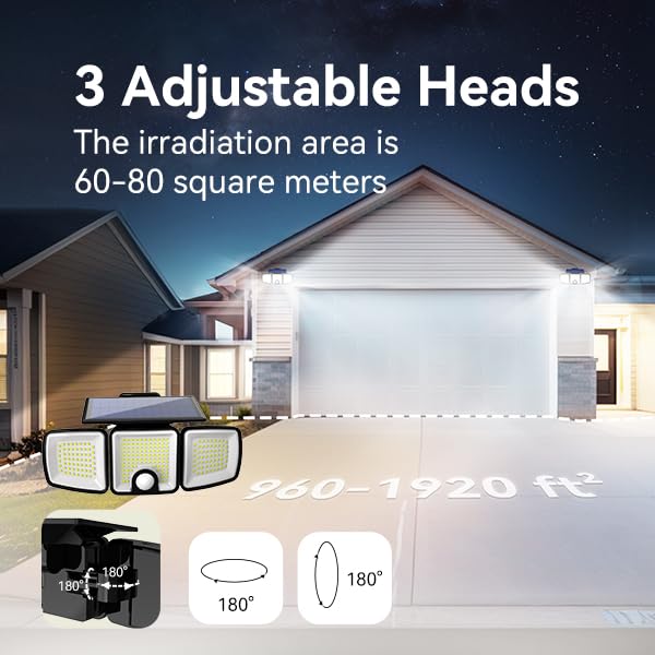 Solar Lights Outdoor With Motion Sensor, 223 Led Security Light Outdoor, Ip65 Waterproof Led Floodlight, 3 Adjustable Heads 90-3