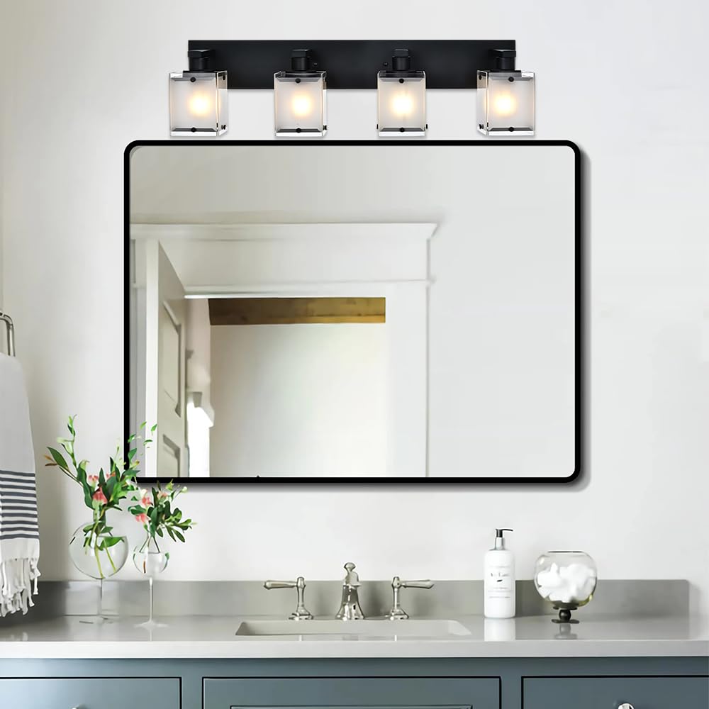 WINSHEN 4-Lights Bathroom Vanity Lighting, Black Metal Fixture with Frosted Glass Shade, Model 4WBL-XOTFZO