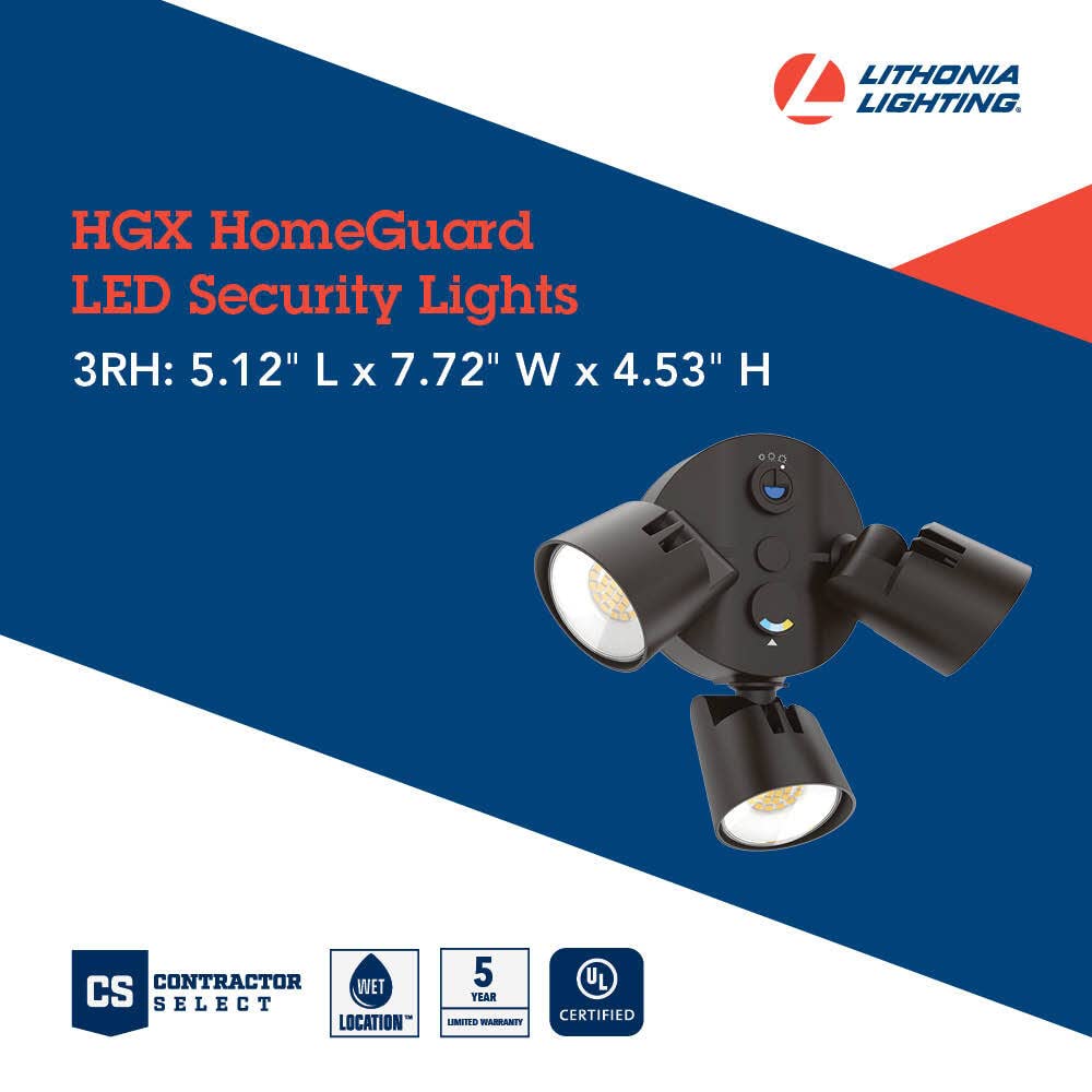 Lithonia Lighting HGX LED Outdoor Security Floodlight, 3-Light, Photocell Sensor, Dark Bronze, Adjustable Light Output