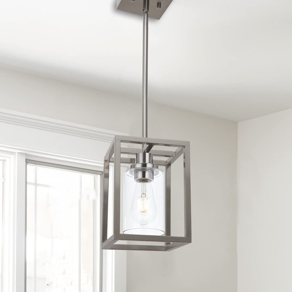 Vinluz Contemporary Pendant Lighting,Single 1 Light Brushed Nickel Cage Hanging Light With Clear Glass Shade For Kitchen Island