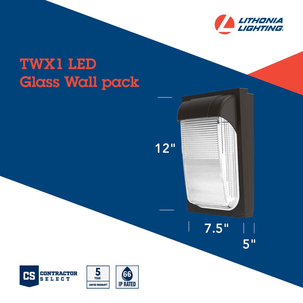 Lithonia Lighting Mini LED Wall Pack Fixture, 5000K Daylight, Adjustable Lumens, 12"H x 7.5"W x 5"D, Model TWX1 LED ALO