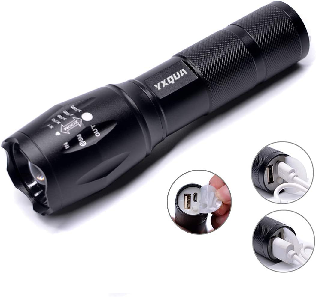 YXQUA USB Rechargeable Flashlight - 8381 High Lumens, Zoomable, Waterproof, 5.1 in, Black, Aluminum