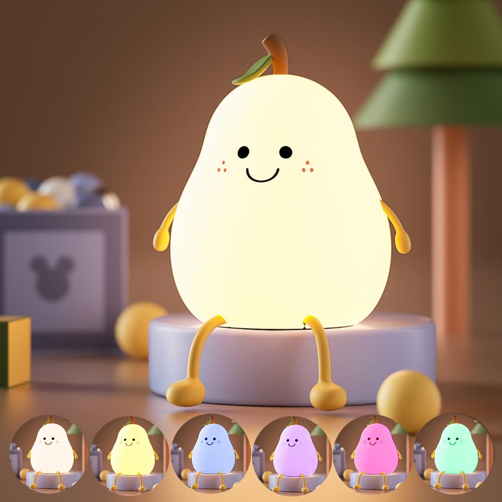 Myratts Led Cute Pear Night Light, Dimmable Nursery Lamps, Super Squishy Silicone USB Rechargeable Touch Control 7 Colors Night