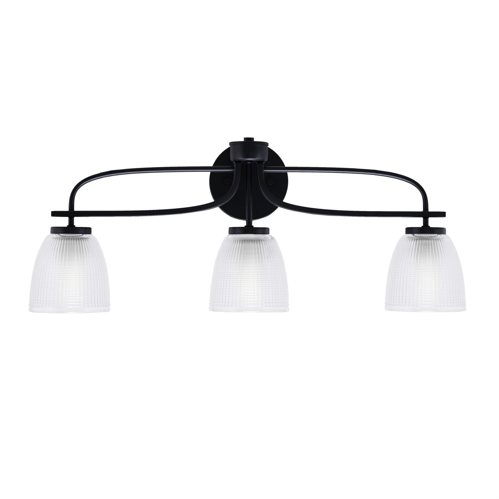 Cavella 3 Light Bath Bar Shown In Matte Black Finish With 5" Clear Ribbed Glass