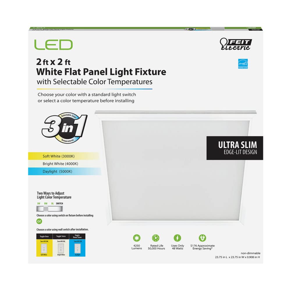 Feit Electric LED Panel Light 2x2, 4250 Lumen, Metal, White, Model FP2X2/4WY/WH