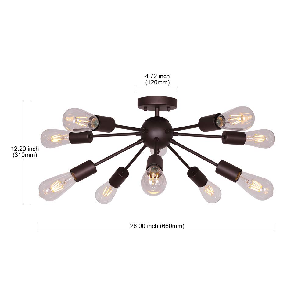 BONLICHT 10-Light Semi Flush Mount Chandelier, Oil-Rubbed Bronze, Metal, Model 3006-10C-BR, Mid Century Modern Starburst Design