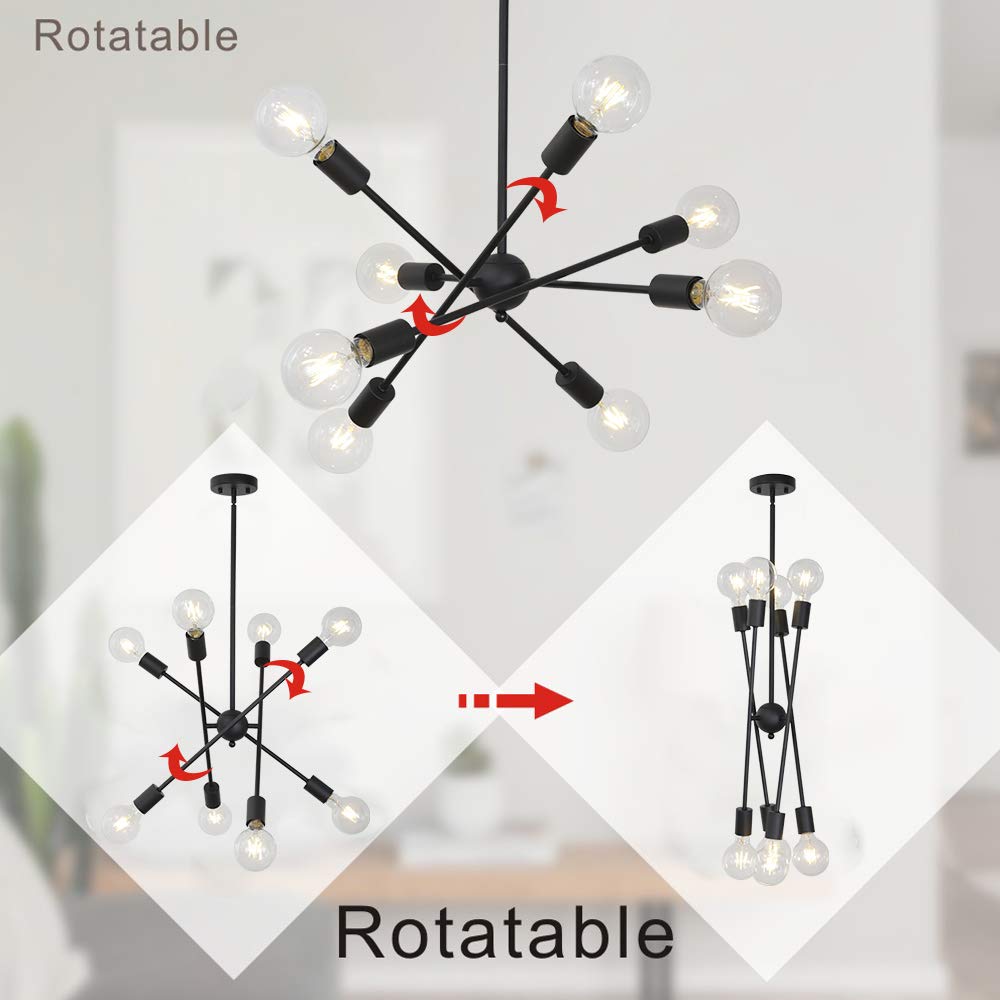 BONLICHT Black Sputnik Chandelier 8 Light Vintage Industrial Semi Flush Mount Ceiling Light for Kitchen Dining Room Foyer Hallway