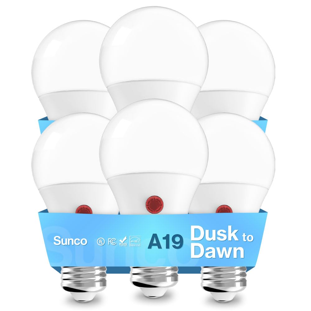 Sunco Lighting Dusk To Dawn Light Bulbs Outdoor Light Sensing Bulb Photocell, A19 Led 60W Equivalent 9W, 800 Lm, E26 Medium Base, 6000K Daylight Deluxe, Automatic On/Off Sensor, Ul 6 Pack