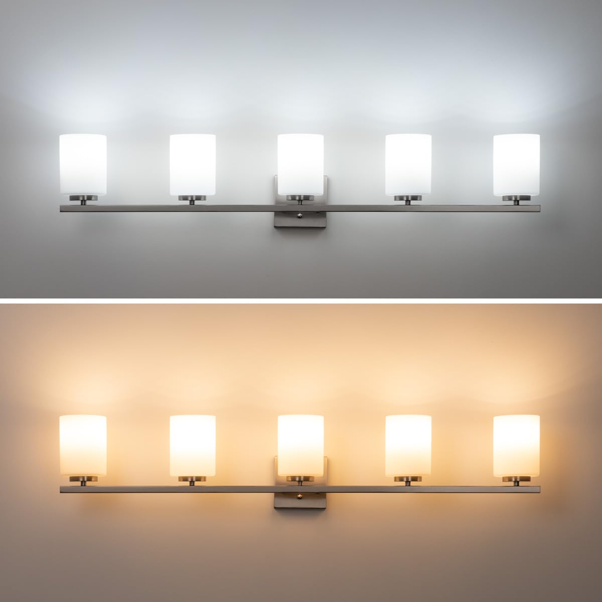 Mirrea 42" 5-Light Modern Bathroom Vanity Light, Brushed Nickel, Etched Glass Shades