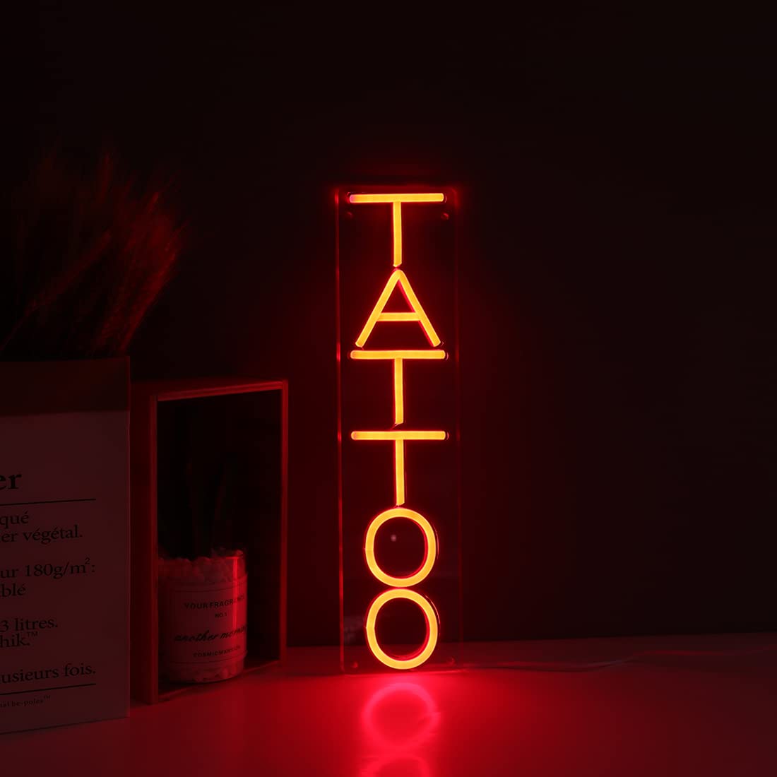 Britrio Neon Tattoo Sign Light - LED Wall Art Decor for Salon, 15.75x4.17 inches, Vertical Red, USB Powered